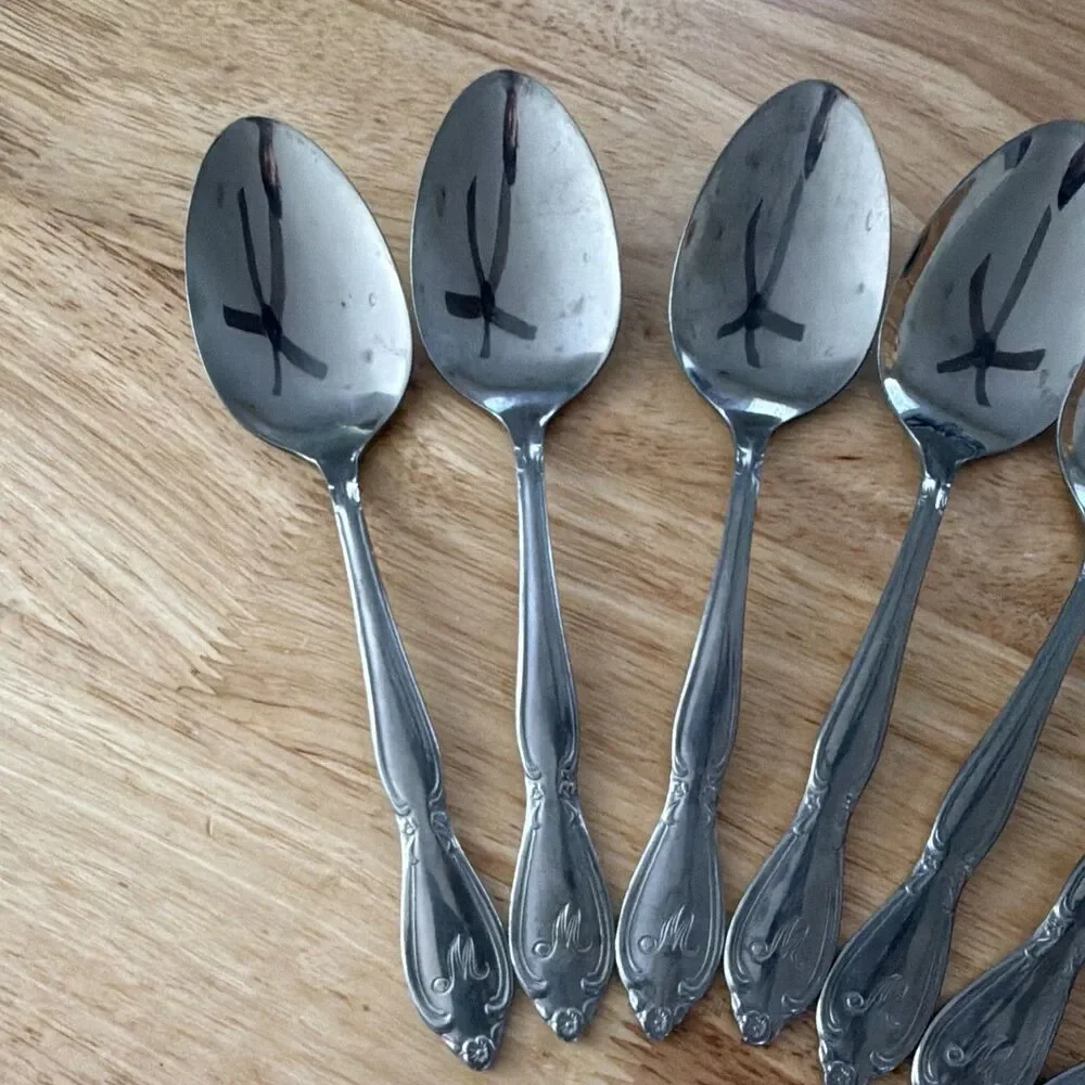Customcraft Stainless Steel Floral Handle Monogram M Teaspoons Set of 9